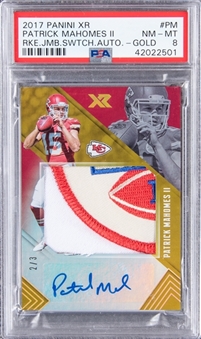 2017 Panini XR "Rookie Jumbo Swatch Autograph" Gold #PM Patrick Mahomes II Signed Rookie Patch Card (#2/3) - PSA GEM MT 10